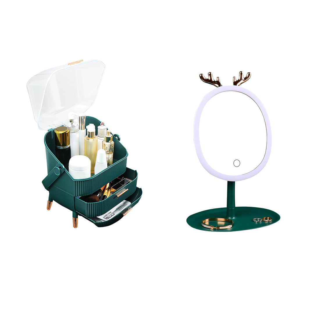 SOGA Green Cosmetic Jewelry Storage Organiser with Antler LED Light Mirror Tabletop Vanity Set-Makeup Organisers-PEROZ Accessories