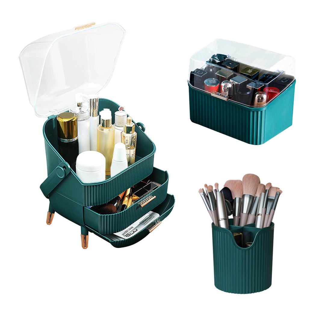 SOGA Green Cosmetic Jewelry Storage Organiser Set Makeup Brush Lipstick Skincare Holder Jewelry Storage Box with Handle-Makeup Organisers-PEROZ Accessories