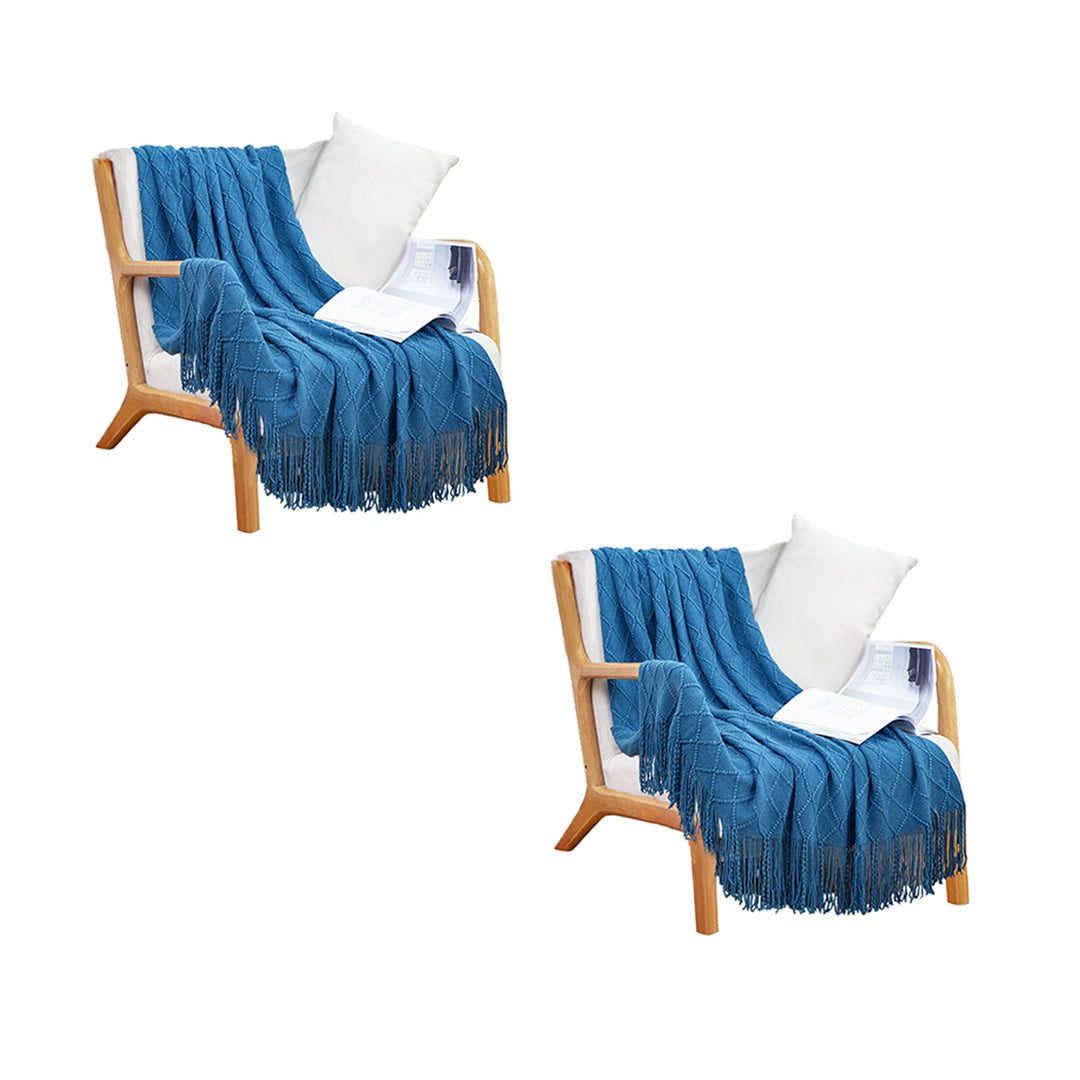 SOGA 2X Blue Diamond Pattern Knitted Throw Blanket Warm Cozy Woven Cover Couch Bed Sofa Home Decor with Tassels-Throw Blankets-PEROZ Accessories