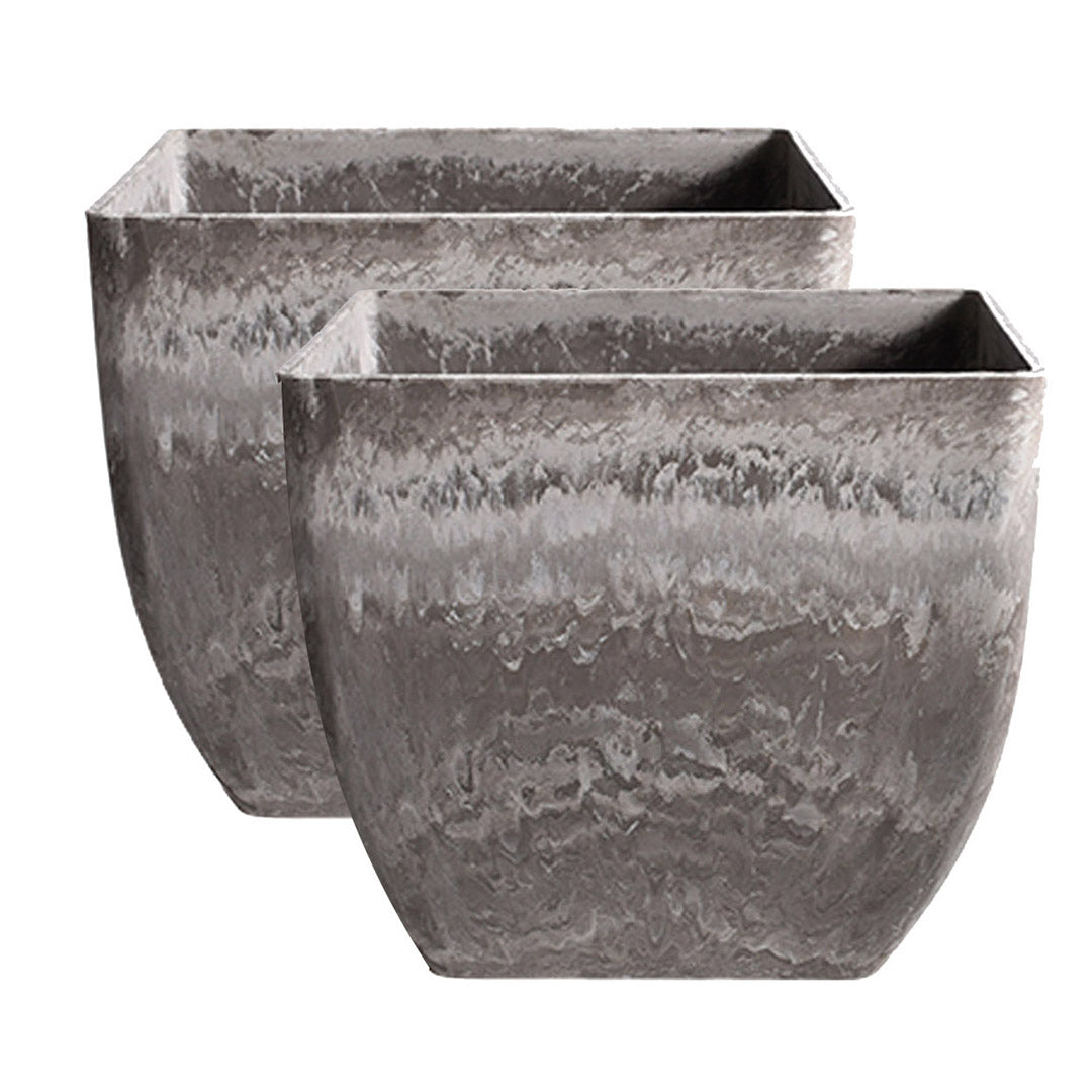 SOGA 2X 32cm Rock Grey Square Resin Plant Flower Pot in Cement Pattern Planter Cachepot for Indoor Home Office-Indoor Pots, Planters and Plant Stands-PEROZ Accessories