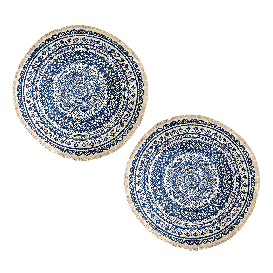 SOGA 2X Dark Blue Carpet Soft Linen Bohemian Non Slip Floor Retro Minimalist Round Rug Home Decor with Tassels-Rugs-PEROZ Accessories