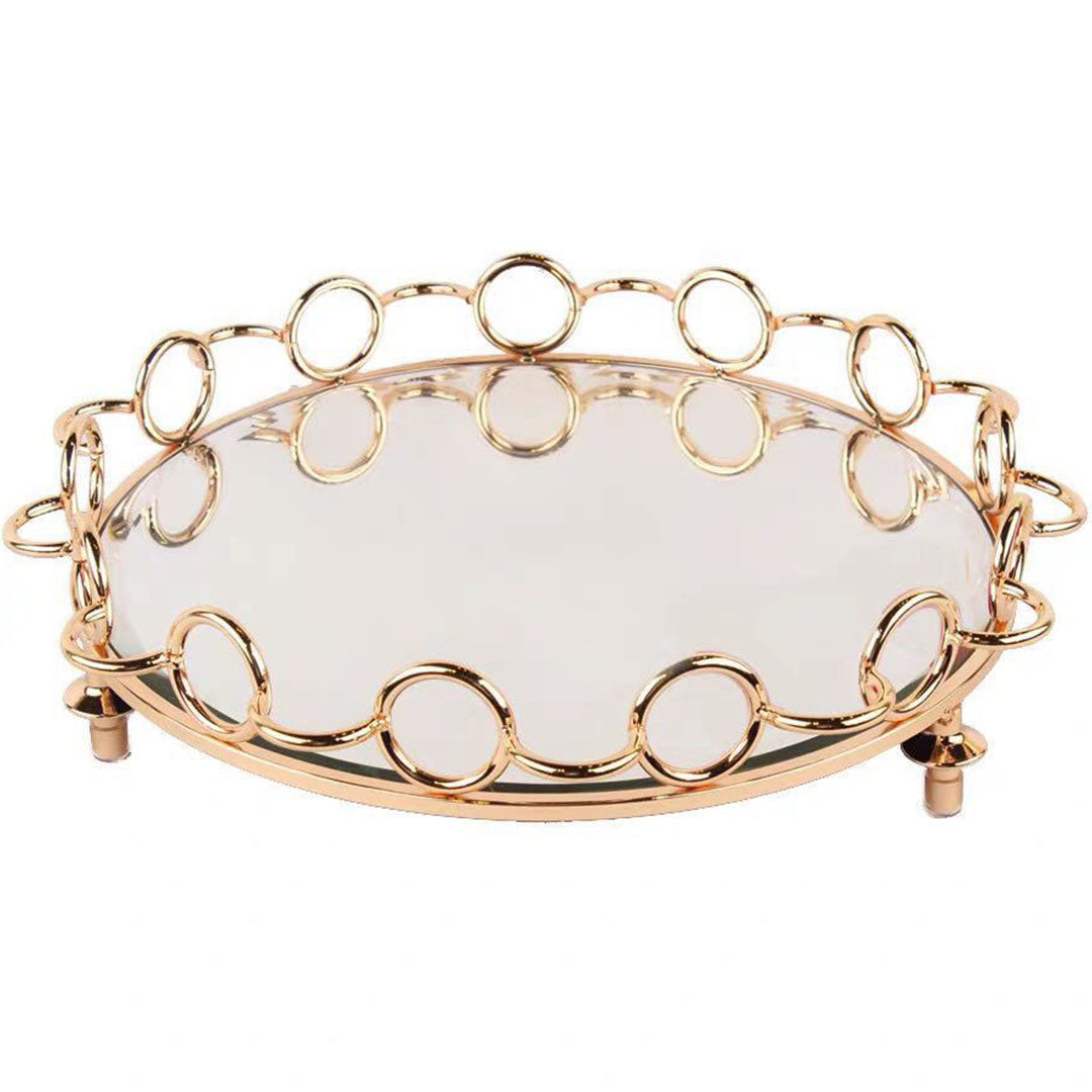 SOGA 33cm Bronze Colored Round Mirror Glass Metal Tray Vanity Makeup Perfume Jewelry Organiser with Handles-Jewellery Holders & Organisers-PEROZ Accessories
