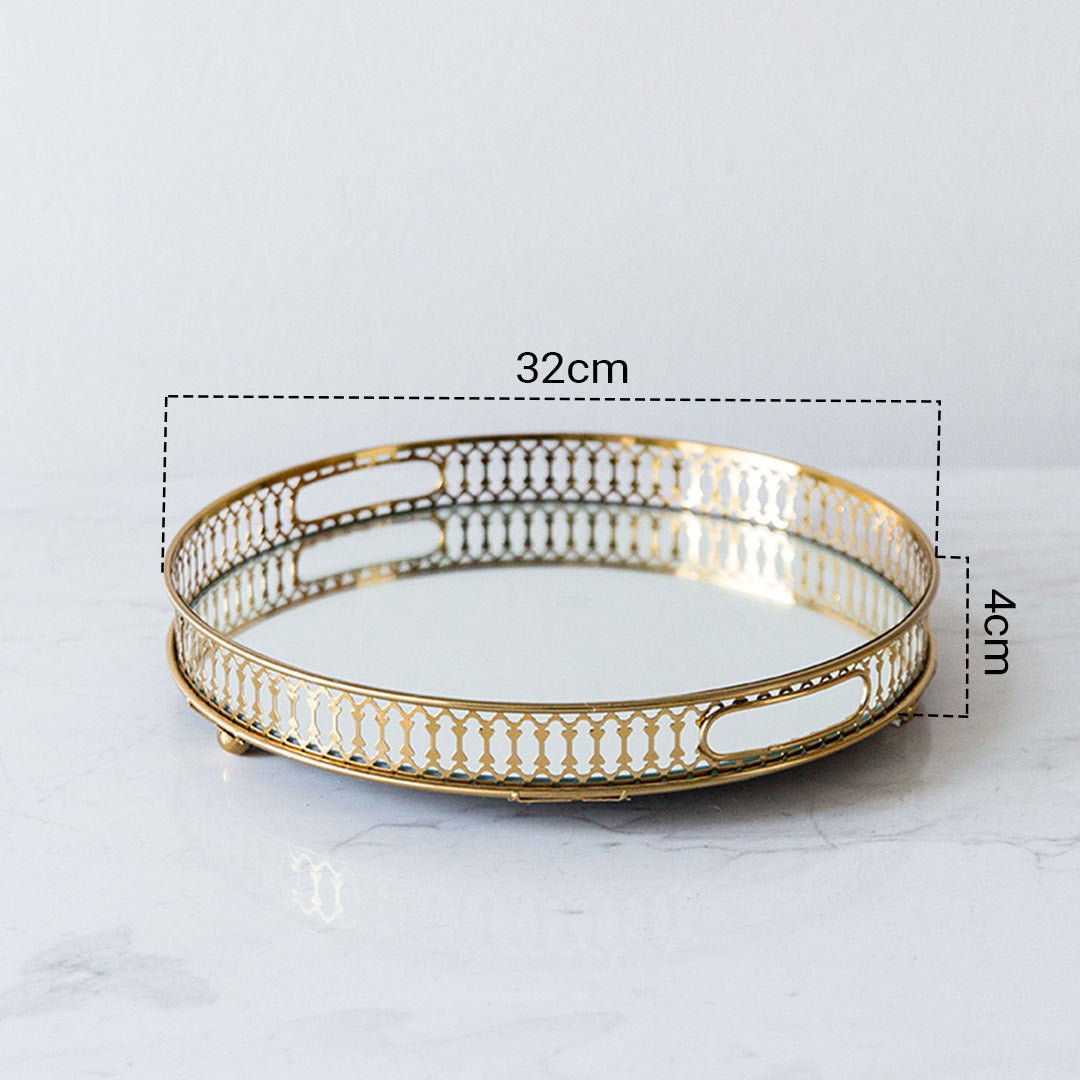 SOGA 32cm Gold Round Ornate Mirror Glass Metal Tray Vanity Makeup Perfume Jewelry Organiser with Handles-Jewellery Holders & Organisers-PEROZ Accessories