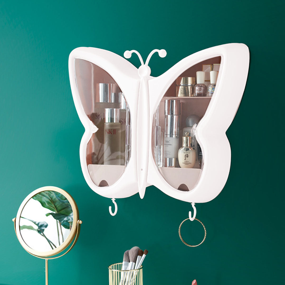 SOGA 2X White Butterfly Shape Wall Mounted Makeup Organiser Dustproof Waterproof Bathroom Storage Box Home Decor-Makeup Organisers-PEROZ Accessories