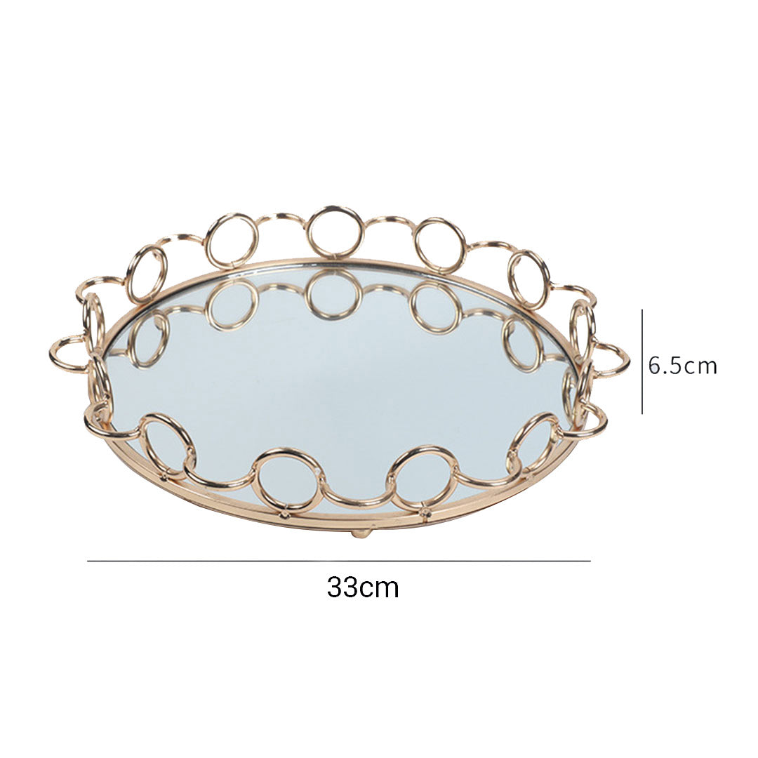 SOGA 33cm Bronze Colored Round Mirror Glass Metal Tray Vanity Makeup Perfume Jewelry Organiser with Handles-Jewellery Holders & Organisers-PEROZ Accessories