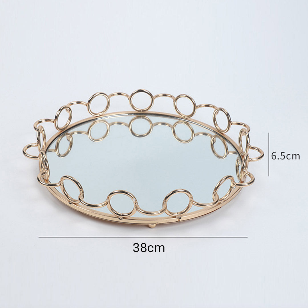 SOGA 38cm Bronze Colored Round Mirror Glass Metal Tray Vanity Makeup Perfume Jewelry Organiser with Handles-Jewellery Holders & Organisers-PEROZ Accessories