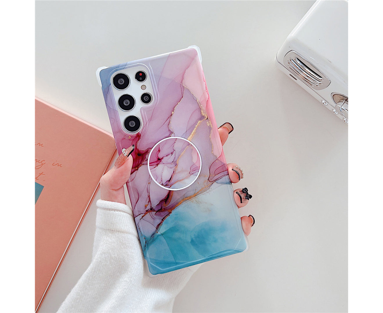 Anymob Samsung Phone Case Style Crack Granite Marble Fold Holder Soft Cover Pink For S22 Ultra S21 Plus Note 20 S20 FE S10 A51 A71 A50-Mobile Phone Cases-PEROZ Accessories