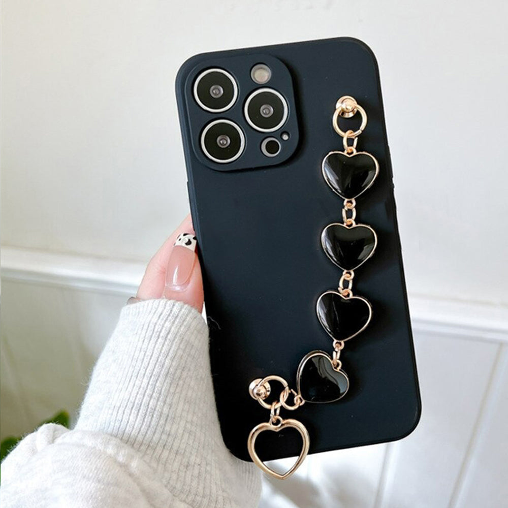 Anymob iPhone Black Luxury Heart Bracelet Silicon Phone Chain Case For IOS Stylish Wrist Chain Fashion Cover Compatible-Mobile Phone Cases-PEROZ Accessories