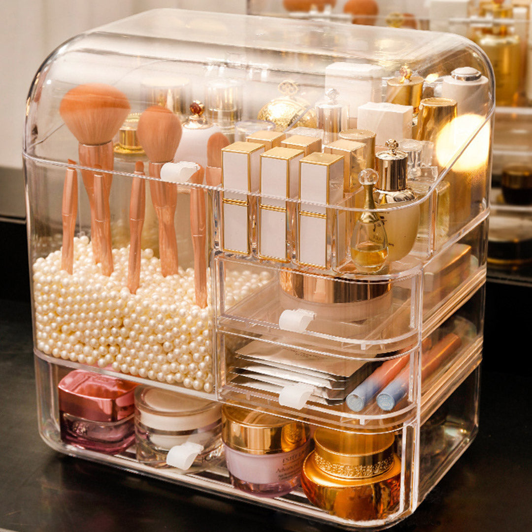 SOGA 2X Transparent Cosmetic Storage Box Clear Makeup Skincare Holder with Lid Drawers Waterproof Dustproof Organiser with Pearls-Makeup Organisers-PEROZ Accessories