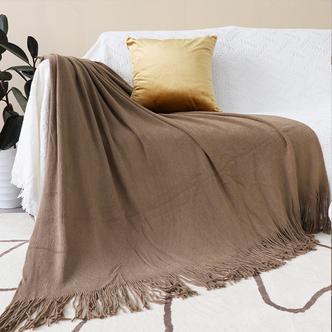SOGA Coffee Acrylic Knitted Throw Blanket Solid Fringed Warm Cozy Woven Cover Couch Bed Sofa Home Decor-Throw Blankets-PEROZ Accessories