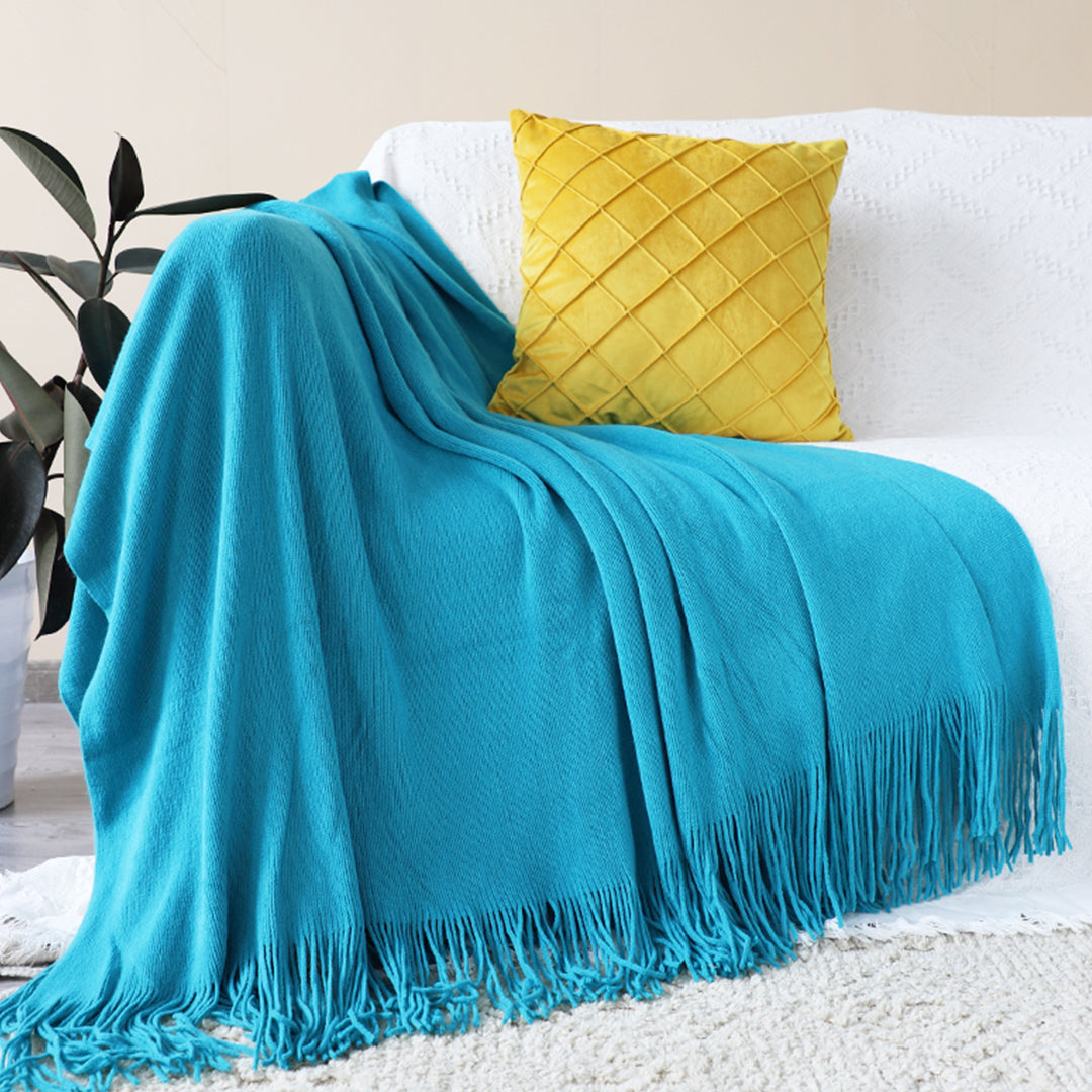 SOGA Blue Acrylic Knitted Throw Blanket Solid Fringed Warm Cozy Woven Cover Couch Bed Sofa Home Decor-Throw Blankets-PEROZ Accessories