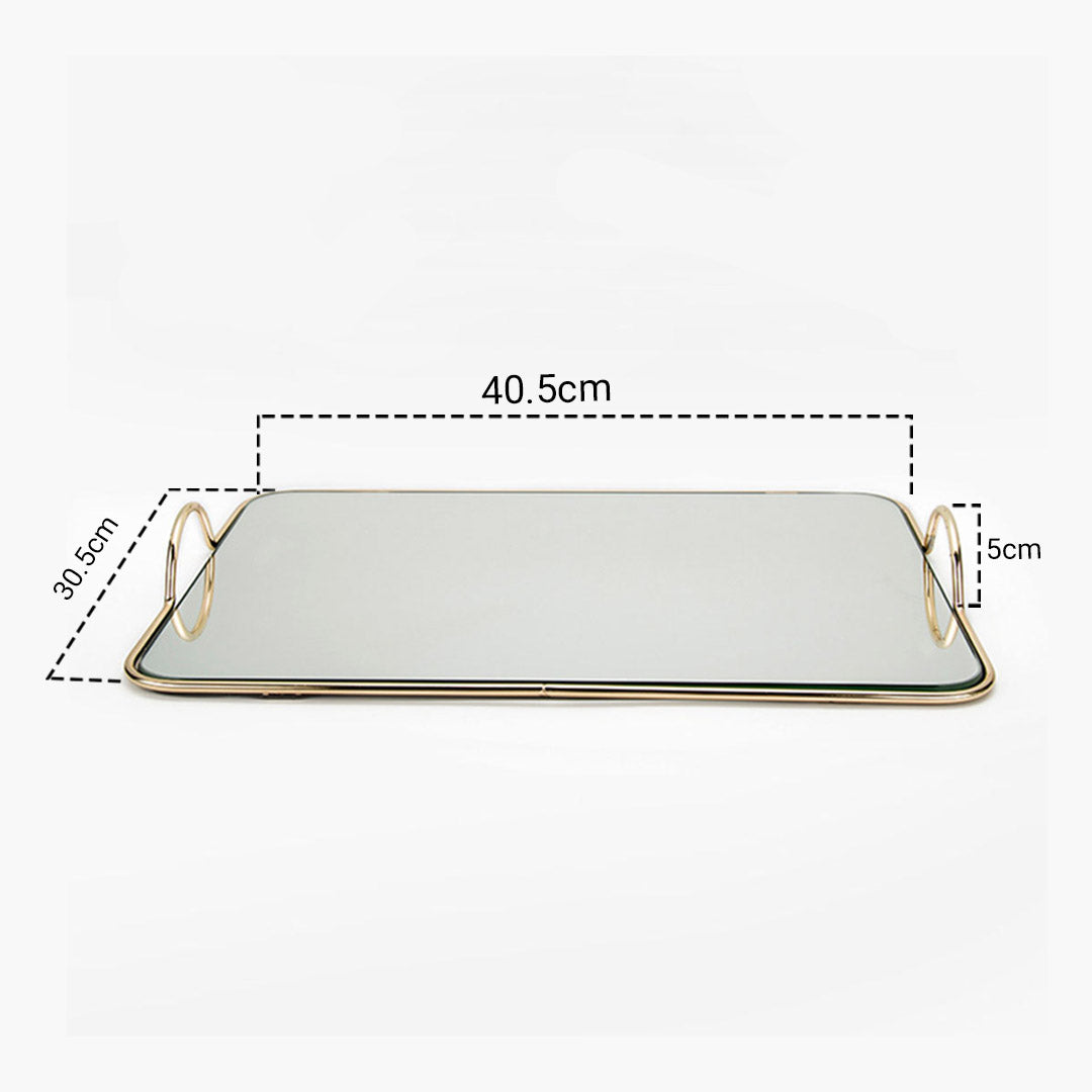 SOGA 40.5cm Gold Flat Lay Mirror Glass Metal Tray Vanity Makeup Perfume Jewelry Organiser with Handles-Jewellery Holders & Organisers-PEROZ Accessories