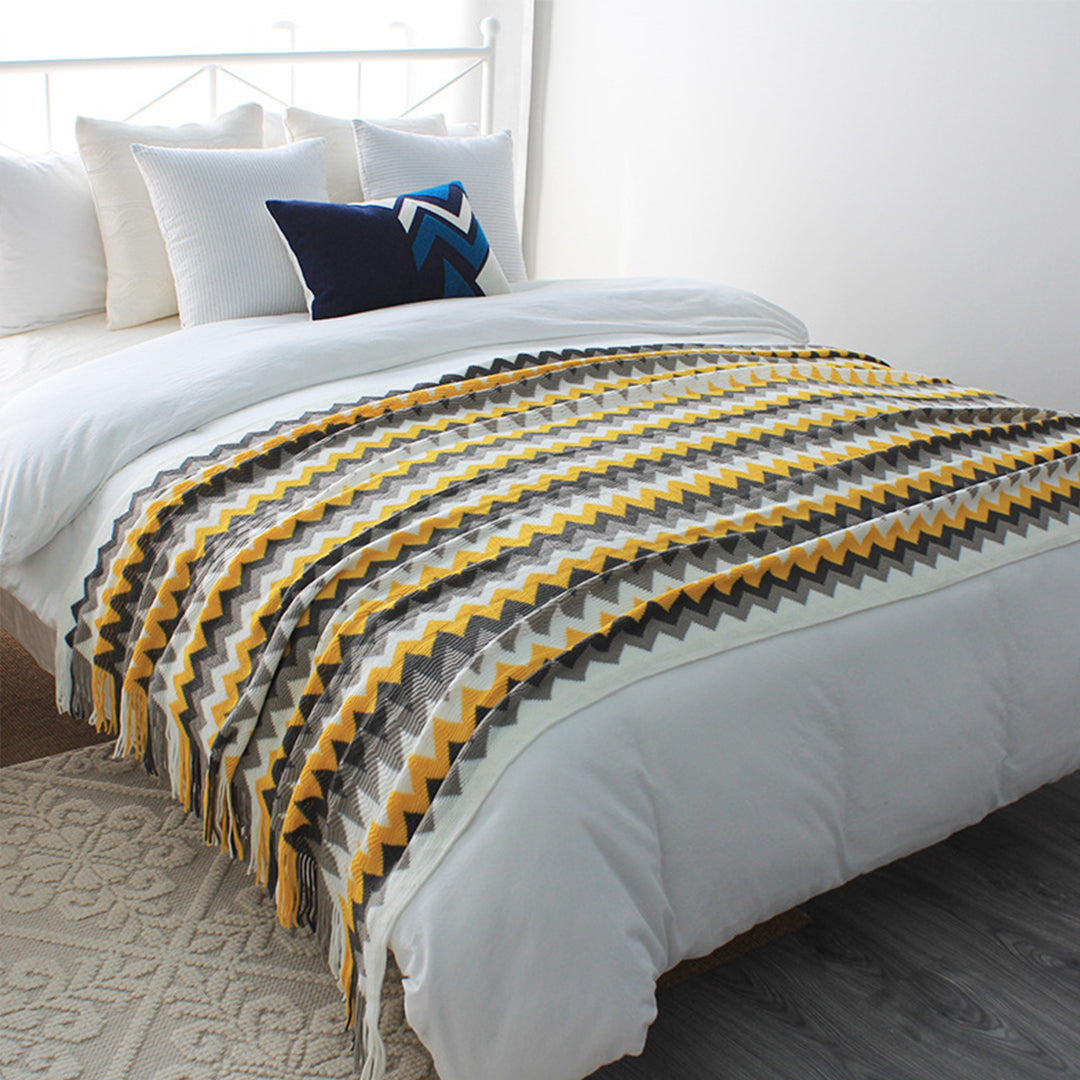 SOGA 2X 220cm Yellow Zigzag Striped Throw Blanket Acrylic Wave Knitted Fringed Woven Cover Couch Bed Sofa Home Decor-Throw Blankets-PEROZ Accessories