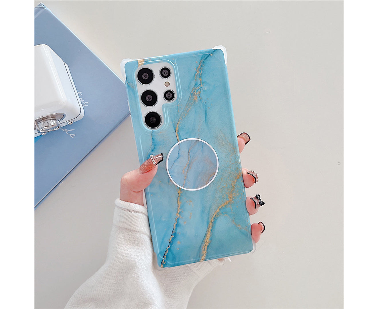 Anymob Samsung Phone Case Style Crack Granite Marble Fold Holder Soft Cover Baby Blue For S22 Ultra S21 Plus Note 20 S20 FE S10 A51 A71 A50-Mobile Phone Cases-PEROZ Accessories