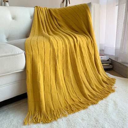 SOGA Mustard Textured Knitted Throw Blanket Warm Cozy Woven Cover Couch Bed Sofa Home Decor with Tassels-Throw Blankets-PEROZ Accessories