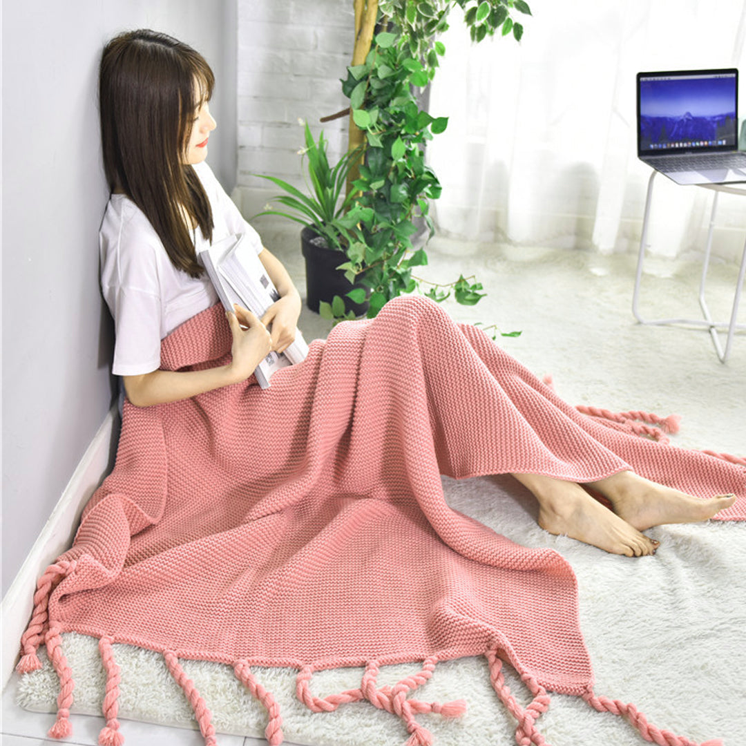 SOGA 2X Pink Tassel Fringe Knitting Blanket Warm Cozy Woven Cover Couch Bed Sofa Home Decor-Throw Blankets-PEROZ Accessories