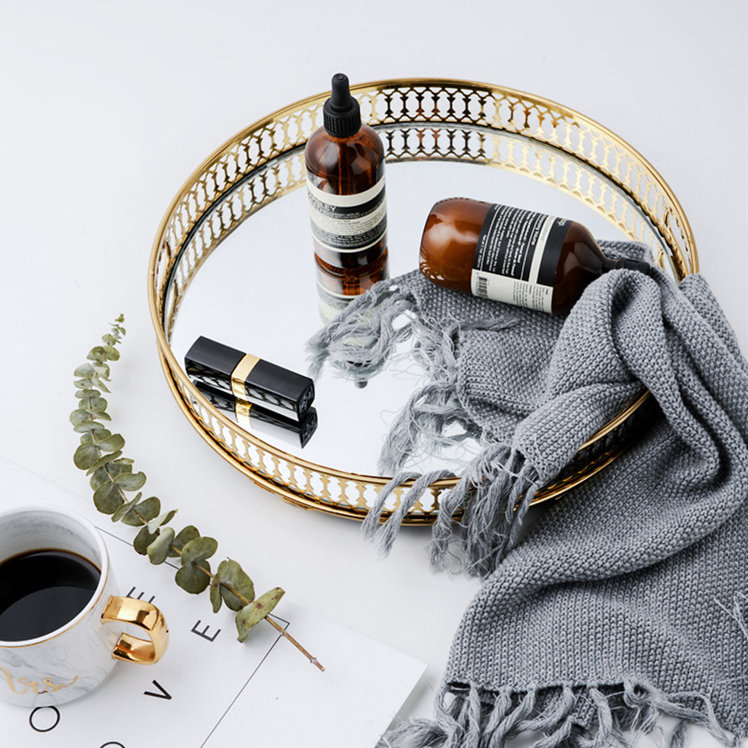 SOGA 32cm Gold Round Ornate Mirror Glass Metal Tray Vanity Makeup Perfume Jewelry Organiser with Handles-Jewellery Holders & Organisers-PEROZ Accessories