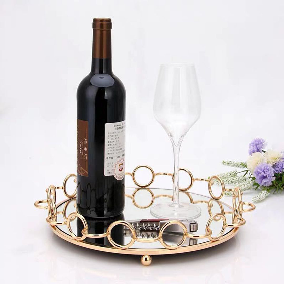 SOGA 38cm Bronze Colored Round Mirror Glass Metal Tray Vanity Makeup Perfume Jewelry Organiser with Handles-Jewellery Holders & Organisers-PEROZ Accessories