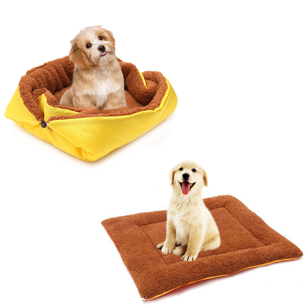 SOGA Yellow Dual purpose Cushion Nest Cat Dog Bed Warm Plush Kennel Mat Pet Home Travel Essentials-Pet Carriers & Travel Products-PEROZ Accessories