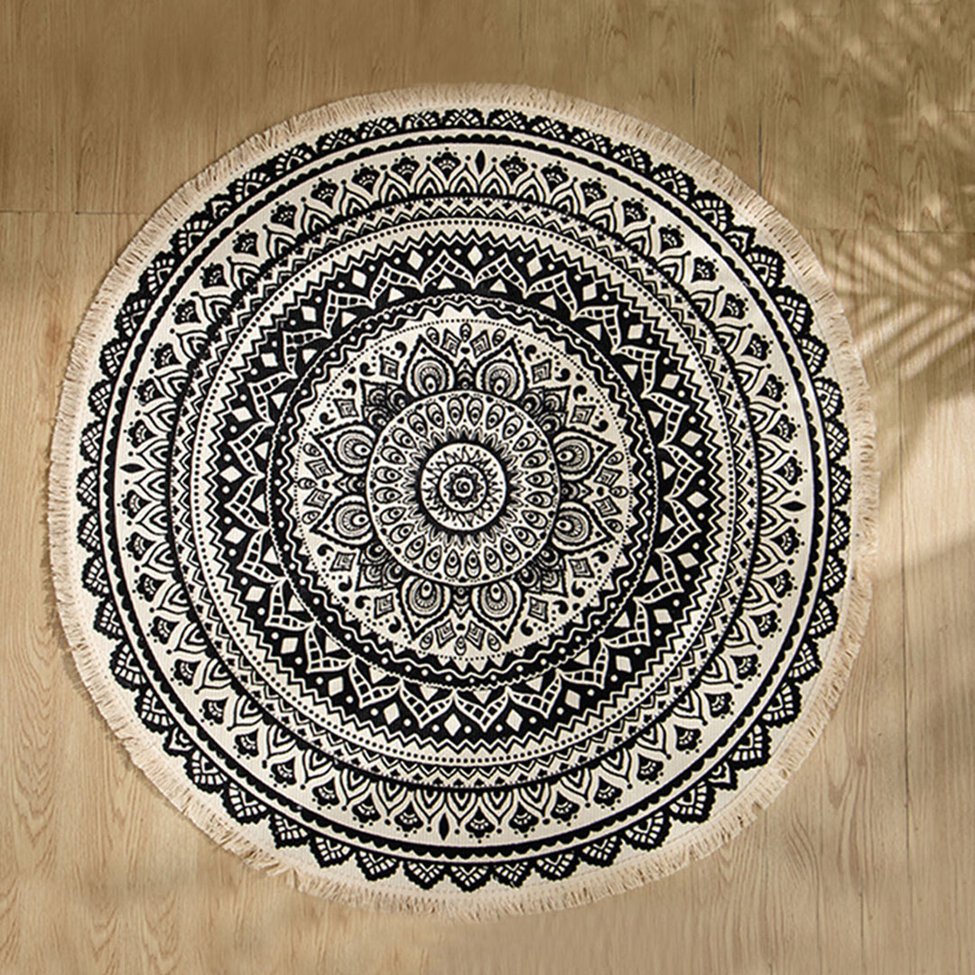 SOGA Black Carpet Soft Linen Bohemian Non Slip Floor Retro Minimalist Round Rug Home Decor with Tassels-Rugs-PEROZ Accessories