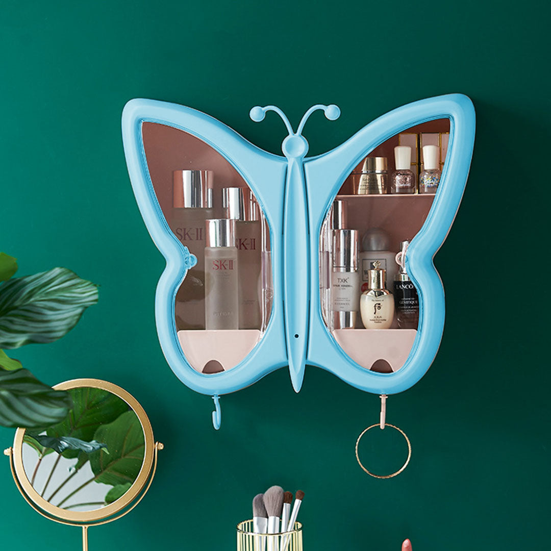 SOGA 2X Blue Butterfly Shape Wall Mounted Makeup Organiser Dustproof Waterproof Bathroom Storage Box Home Decor-Makeup Organisers-PEROZ Accessories