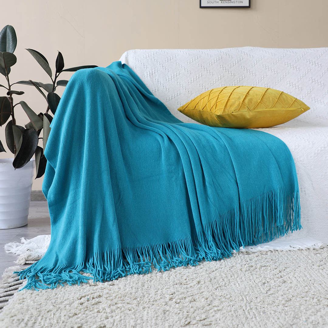 SOGA 2X Blue Acrylic Knitted Throw Blanket Solid Fringed Warm Cozy Woven Cover Couch Bed Sofa Home Decor-Throw Blankets-PEROZ Accessories