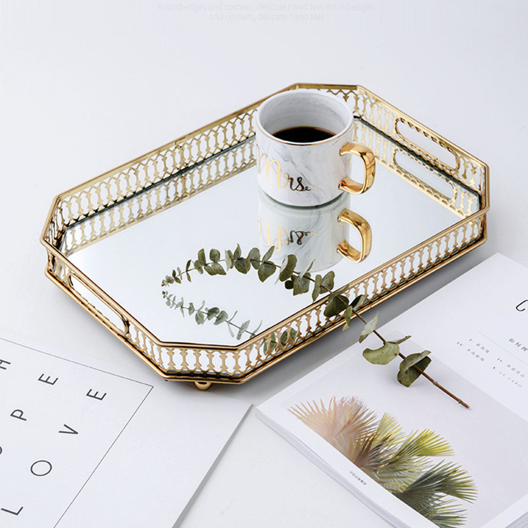 SOGA 35cm Gold Rectangle Ornate Mirror Glass Metal Tray Vanity Makeup Perfume Jewelry Organiser with Handles-Jewellery Holders & Organisers-PEROZ Accessories