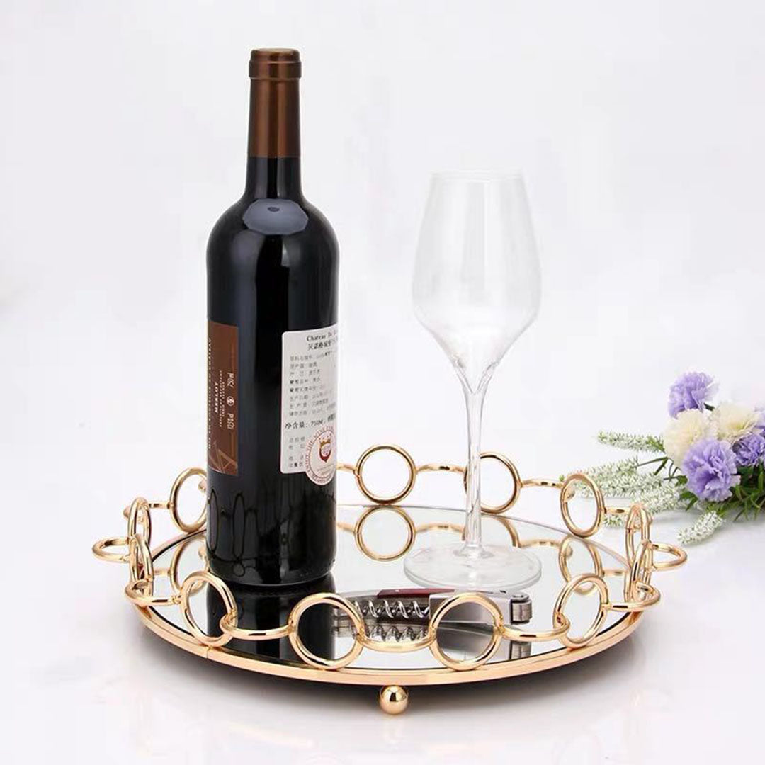 SOGA 33cm Bronze Colored Round Mirror Glass Metal Tray Vanity Makeup Perfume Jewelry Organiser with Handles-Jewellery Holders & Organisers-PEROZ Accessories