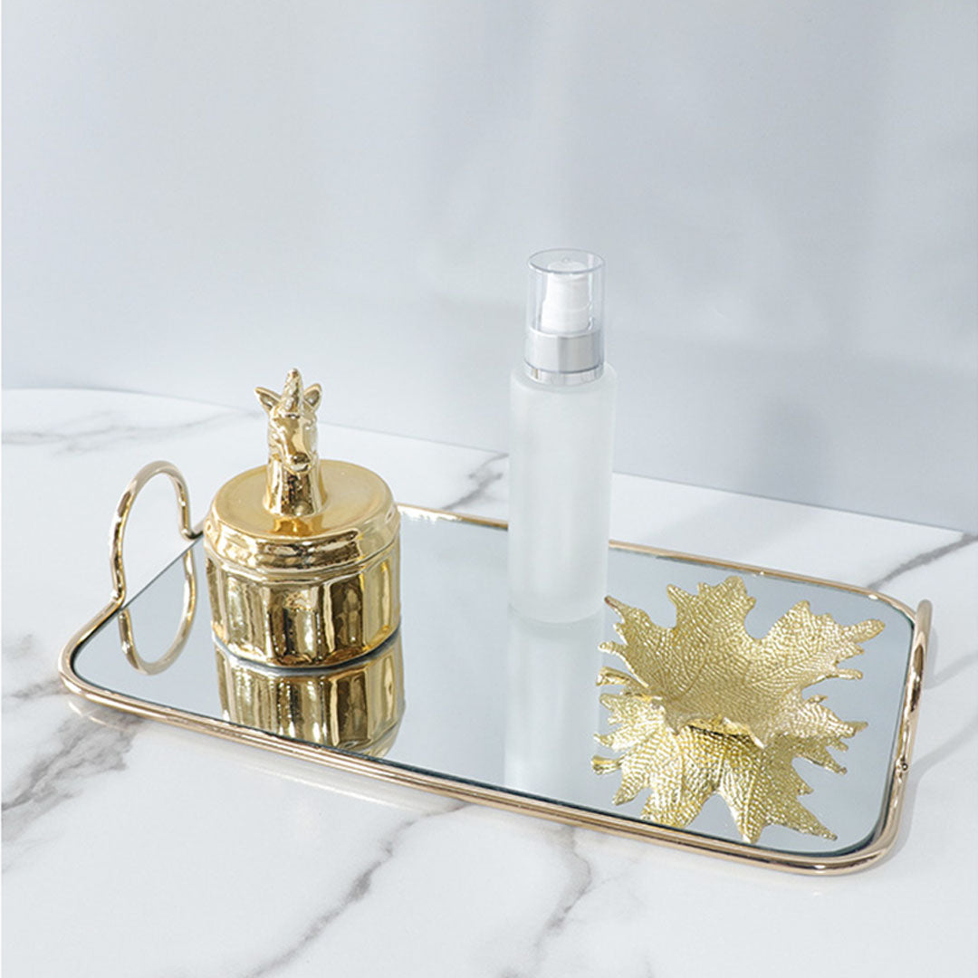 SOGA 40.5cm Gold Flat Lay Mirror Glass Metal Tray Vanity Makeup Perfume Jewelry Organiser with Handles-Jewellery Holders & Organisers-PEROZ Accessories