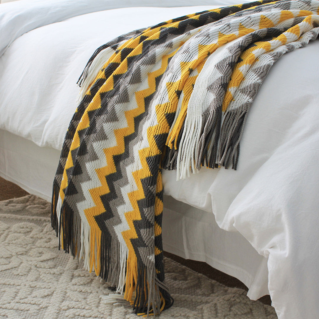 SOGA 2X 220cm Yellow Zigzag Striped Throw Blanket Acrylic Wave Knitted Fringed Woven Cover Couch Bed Sofa Home Decor-Throw Blankets-PEROZ Accessories