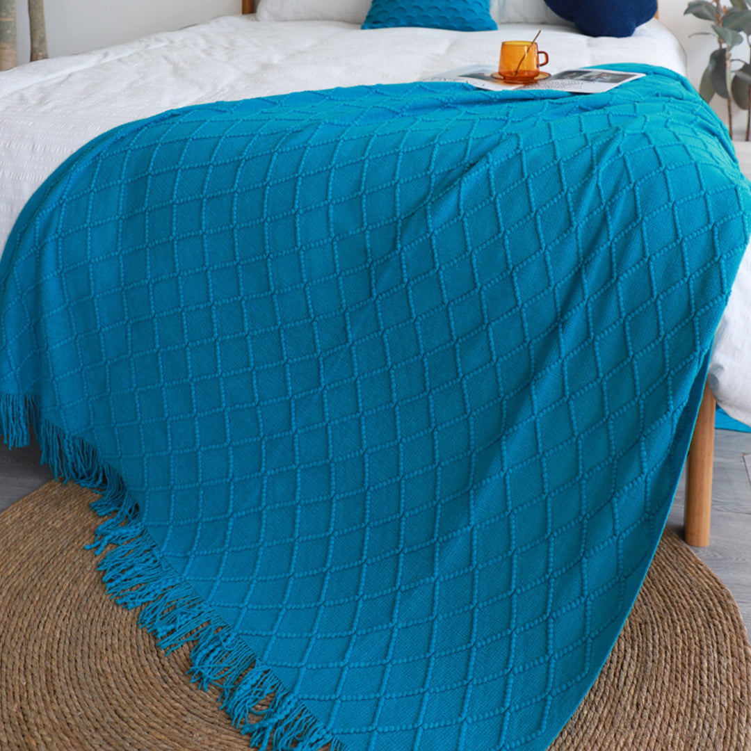 SOGA Blue Diamond Pattern Knitted Throw Blanket Warm Cozy Woven Cover Couch Bed Sofa Home Decor with Tassels-Throw Blankets-PEROZ Accessories