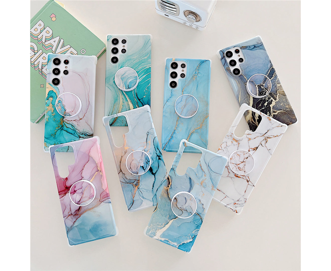 Anymob Samsung Phone Case Style Crack Granite Marble Fold Holder Soft Cover Cyan For S22 Ultra S21 Plus Note 20 S20 FE S10 A51 A71 A50-Mobile Phone Cases-PEROZ Accessories