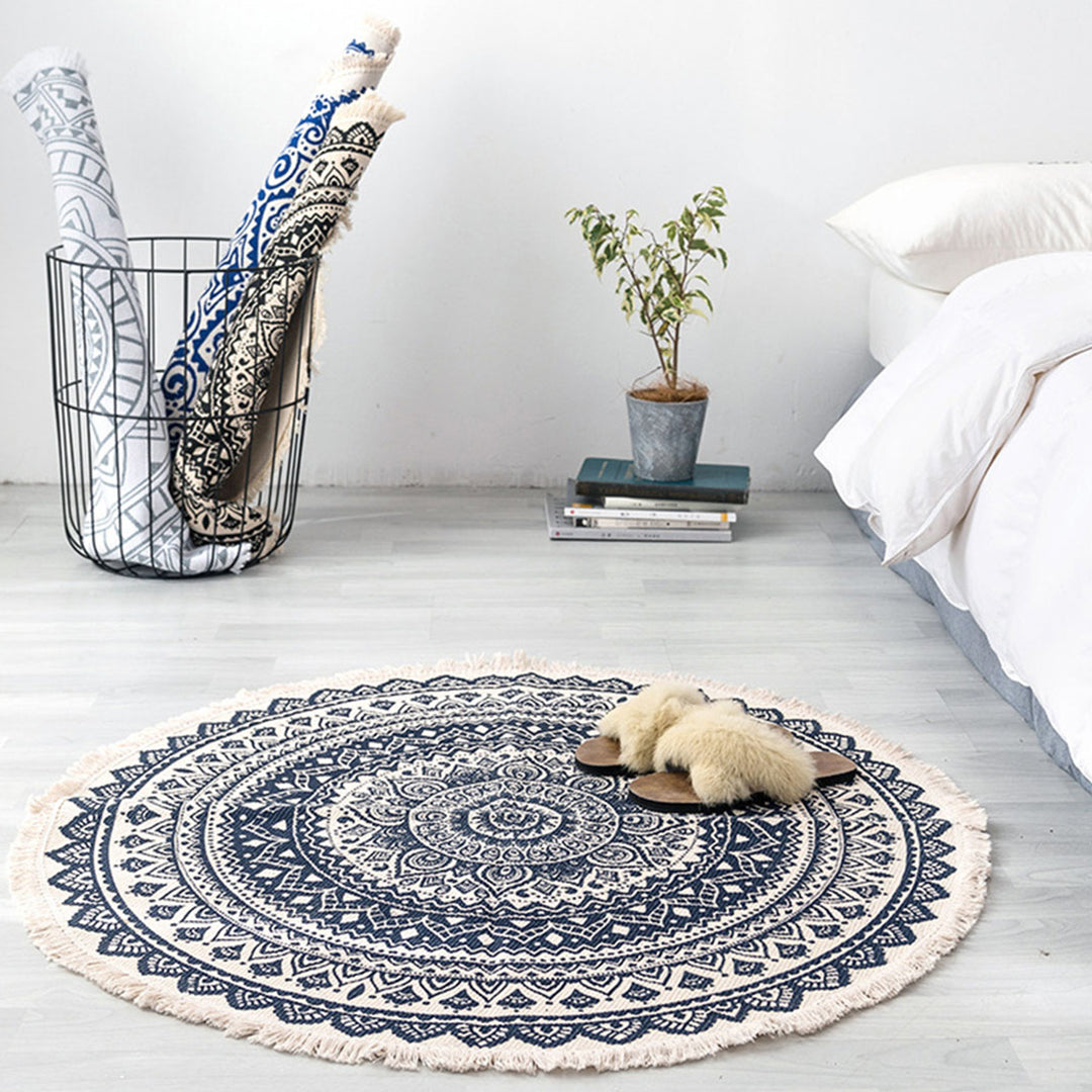 SOGA Black Carpet Soft Linen Bohemian Non Slip Floor Retro Minimalist Round Rug Home Decor with Tassels-Rugs-PEROZ Accessories