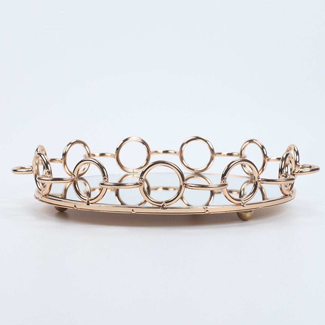 SOGA 33cm Bronze Colored Round Mirror Glass Metal Tray Vanity Makeup Perfume Jewelry Organiser with Handles-Jewellery Holders & Organisers-PEROZ Accessories