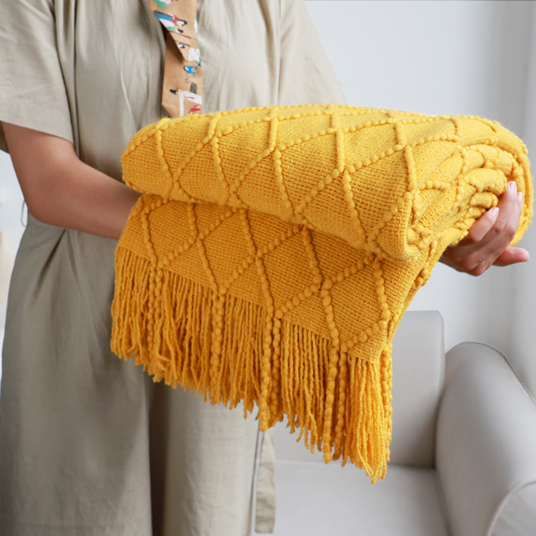 SOGA Yellow Diamond Pattern Knitted Throw Blanket Warm Cozy Woven Cover Couch Bed Sofa Home Decor with Tassels-Throw Blankets-PEROZ Accessories