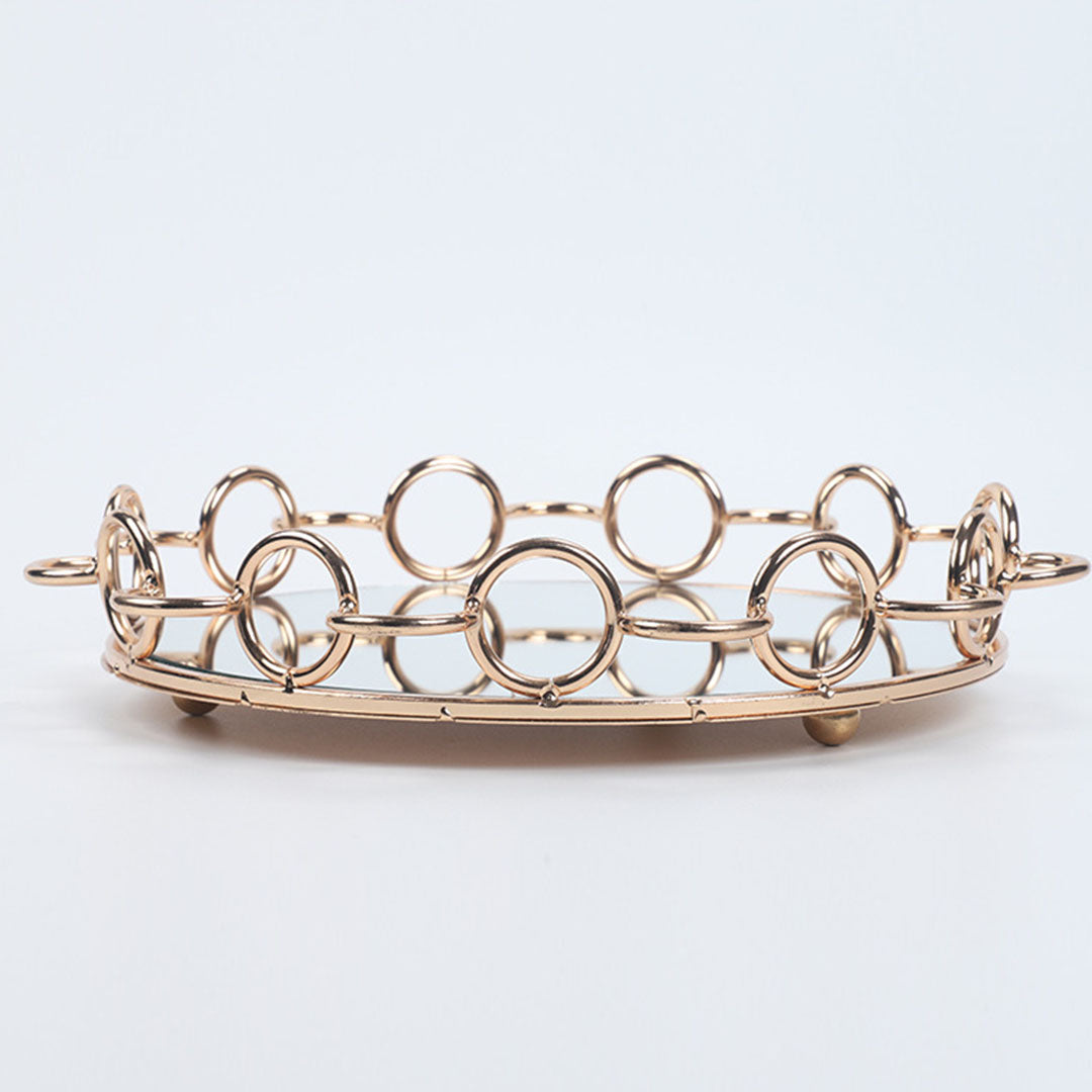 SOGA 38cm Bronze Colored Round Mirror Glass Metal Tray Vanity Makeup Perfume Jewelry Organiser with Handles-Jewellery Holders & Organisers-PEROZ Accessories