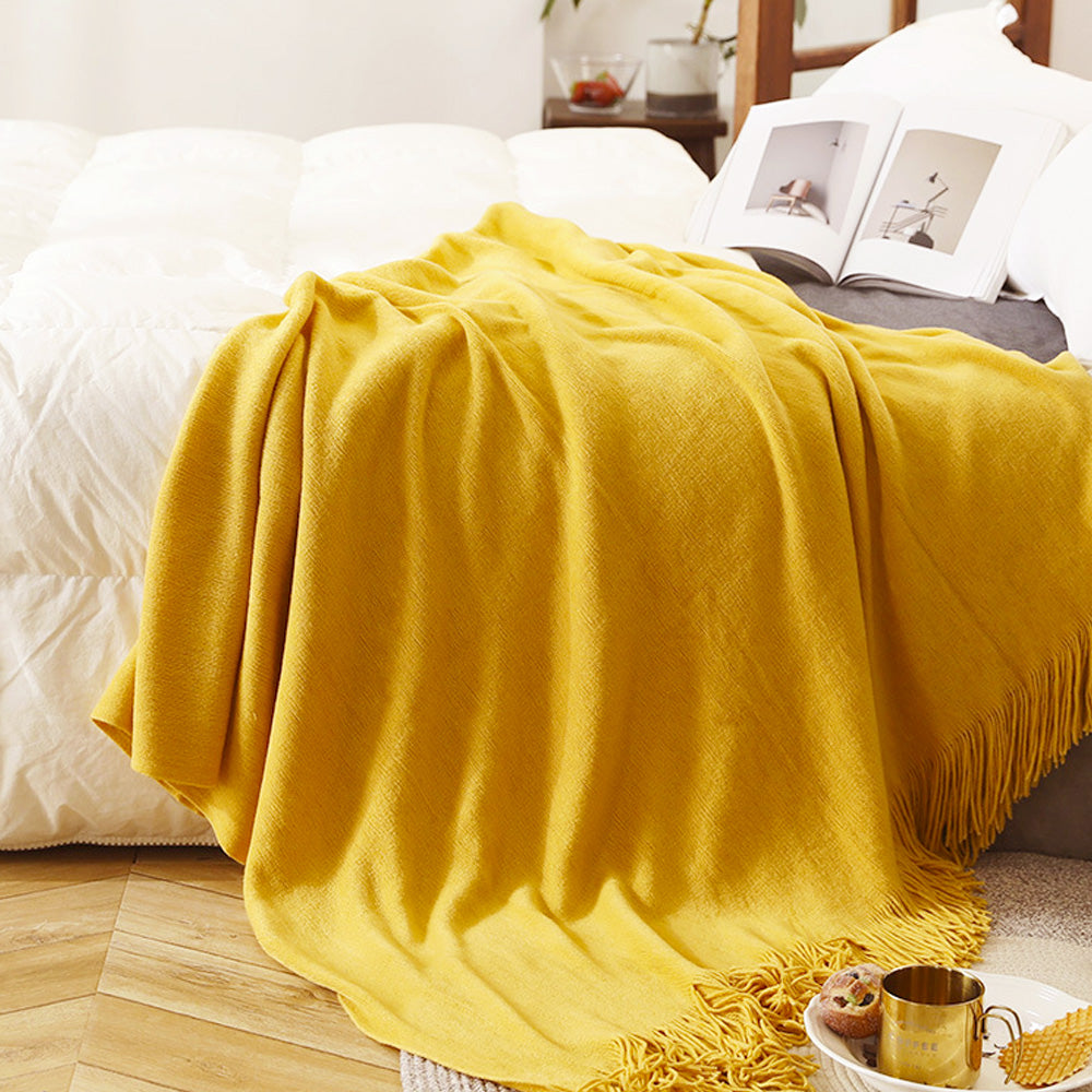 SOGA Yellow Acrylic Knitted Throw Blanket Solid Fringed Warm Cozy Woven Cover Couch Bed Sofa Home Decor-Throw Blankets-PEROZ Accessories