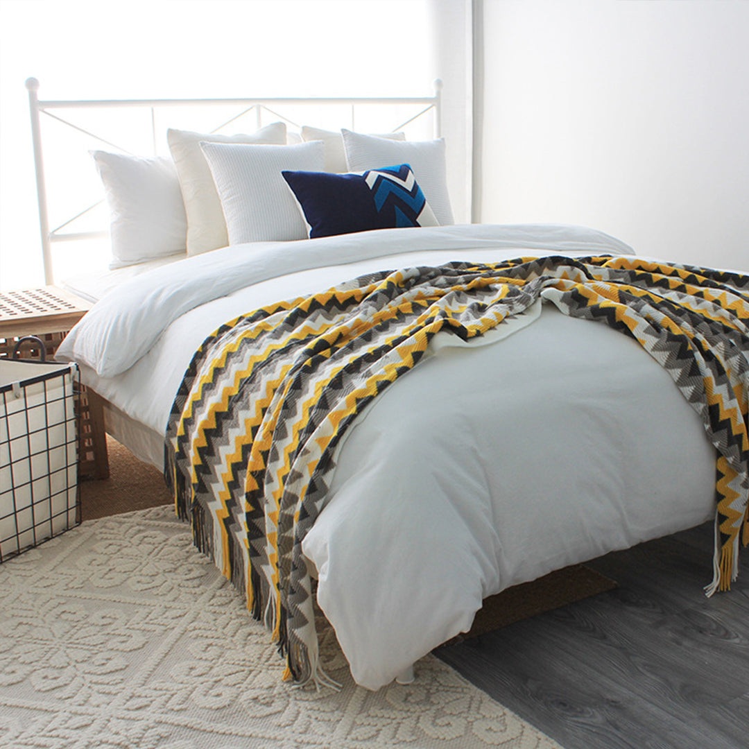 SOGA 220cm Yellow Zigzag Striped Throw Blanket Acrylic Wave Knitted Fringed Woven Cover Couch Bed Sofa Home Decor-Throw Blankets-PEROZ Accessories