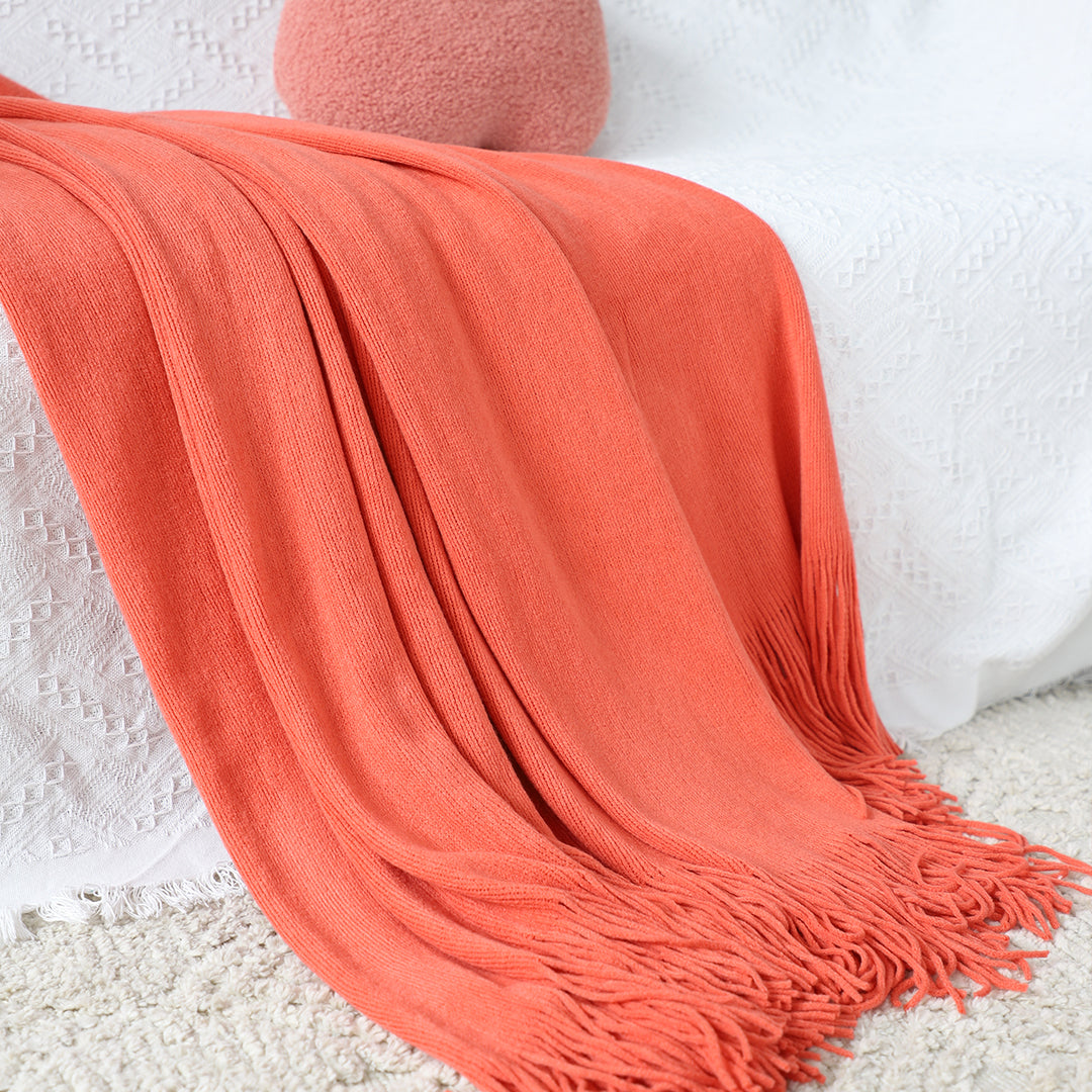 SOGA 2X Orange Acrylic Knitted Throw Blanket Solid Fringed Warm Cozy Woven Cover Couch Bed Sofa Home Decor-Throw Blankets-PEROZ Accessories