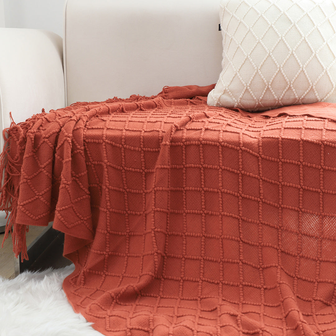 SOGA Red Diamond Pattern Knitted Throw Blanket Warm Cozy Woven Cover Couch Bed Sofa Home Decor with Tassels-Throw Blankets-PEROZ Accessories