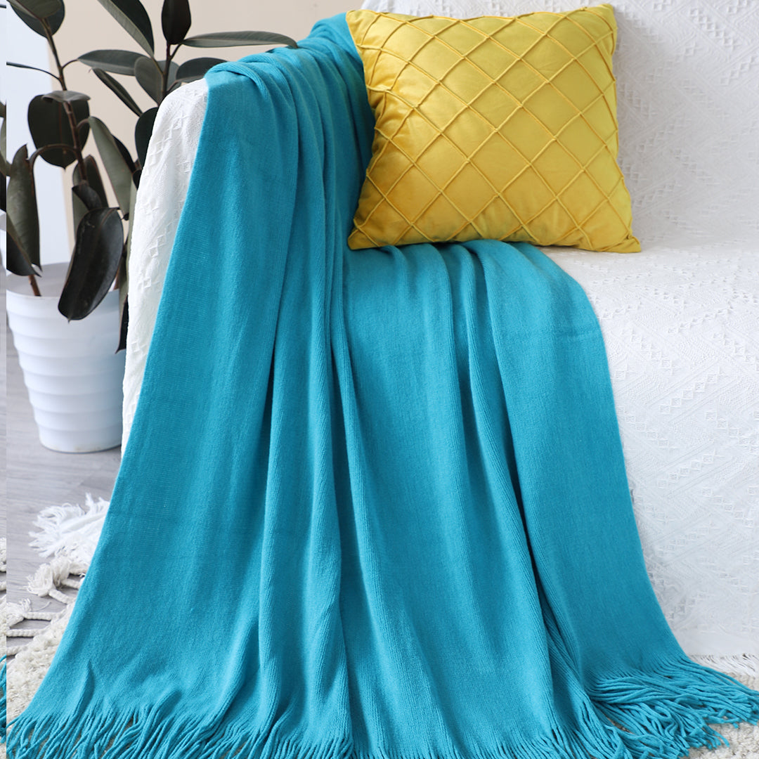 SOGA 2X Blue Acrylic Knitted Throw Blanket Solid Fringed Warm Cozy Woven Cover Couch Bed Sofa Home Decor-Throw Blankets-PEROZ Accessories