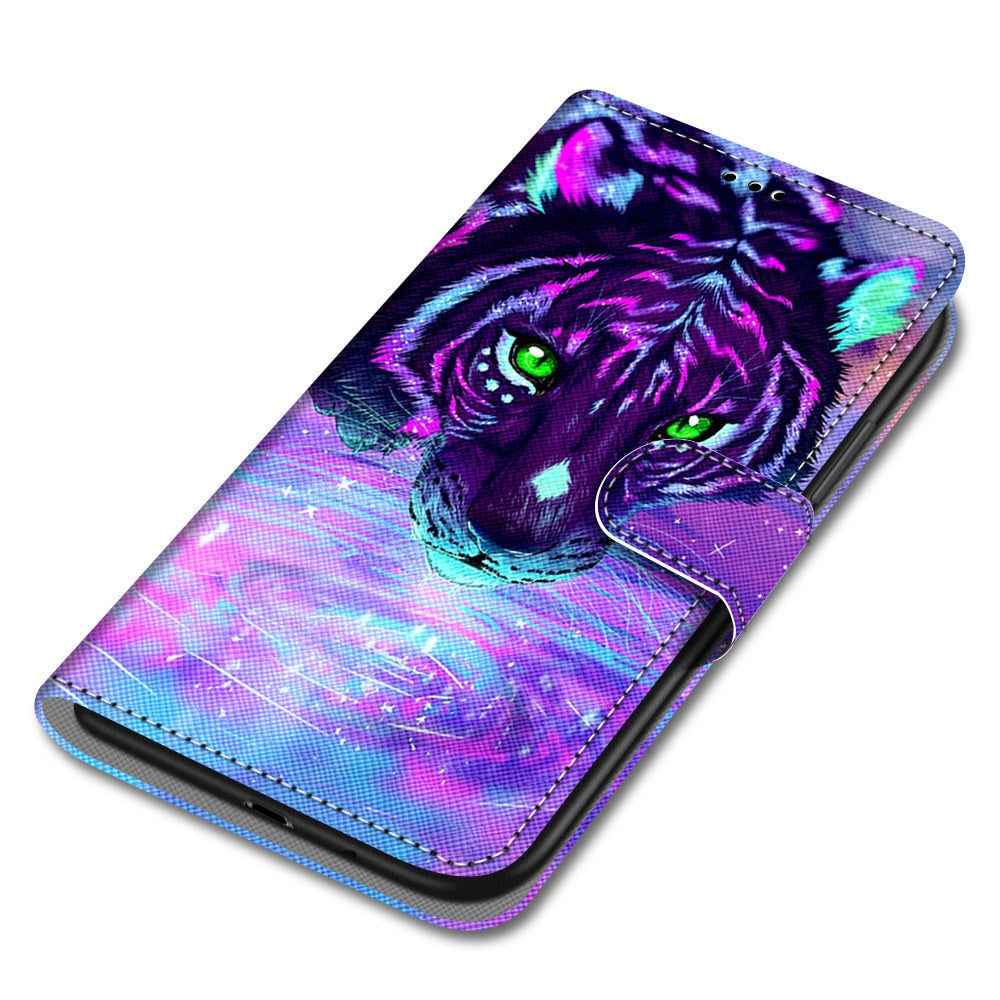 Anymob Samsung Purple Tiger Cute Animal Painted Leather Phone Case Flip Wallet Phone Bag Cover-Mobile Phone Cases-PEROZ Accessories