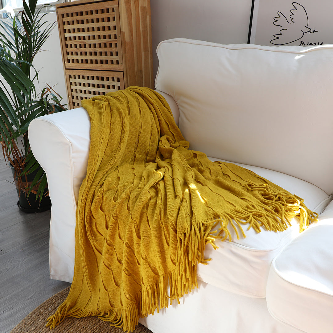 SOGA Mustard Textured Knitted Throw Blanket Warm Cozy Woven Cover Couch Bed Sofa Home Decor with Tassels-Throw Blankets-PEROZ Accessories