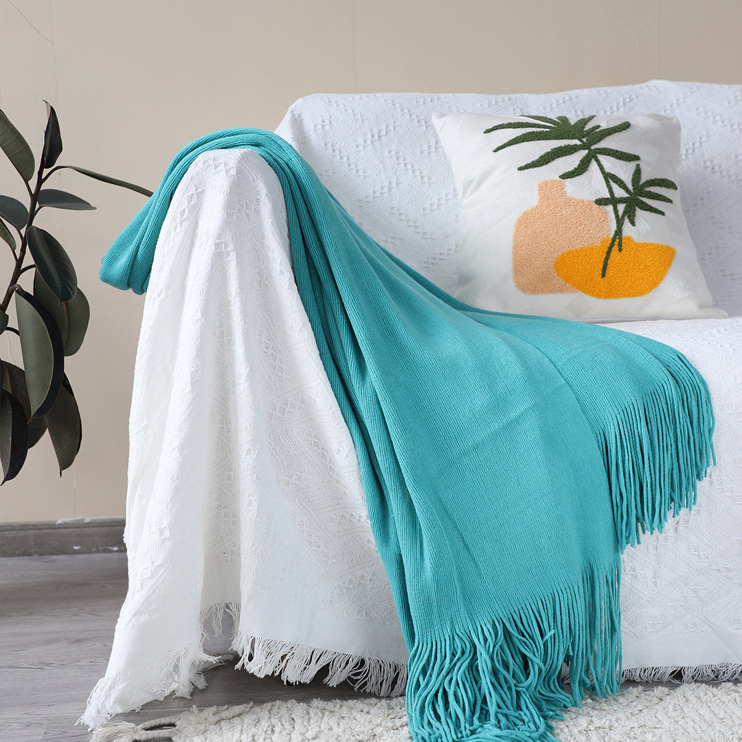 SOGA Teal Acrylic Knitted Throw Blanket Solid Fringed Warm Cozy Woven Cover Couch Bed Sofa Home Decor-Throw Blankets-PEROZ Accessories