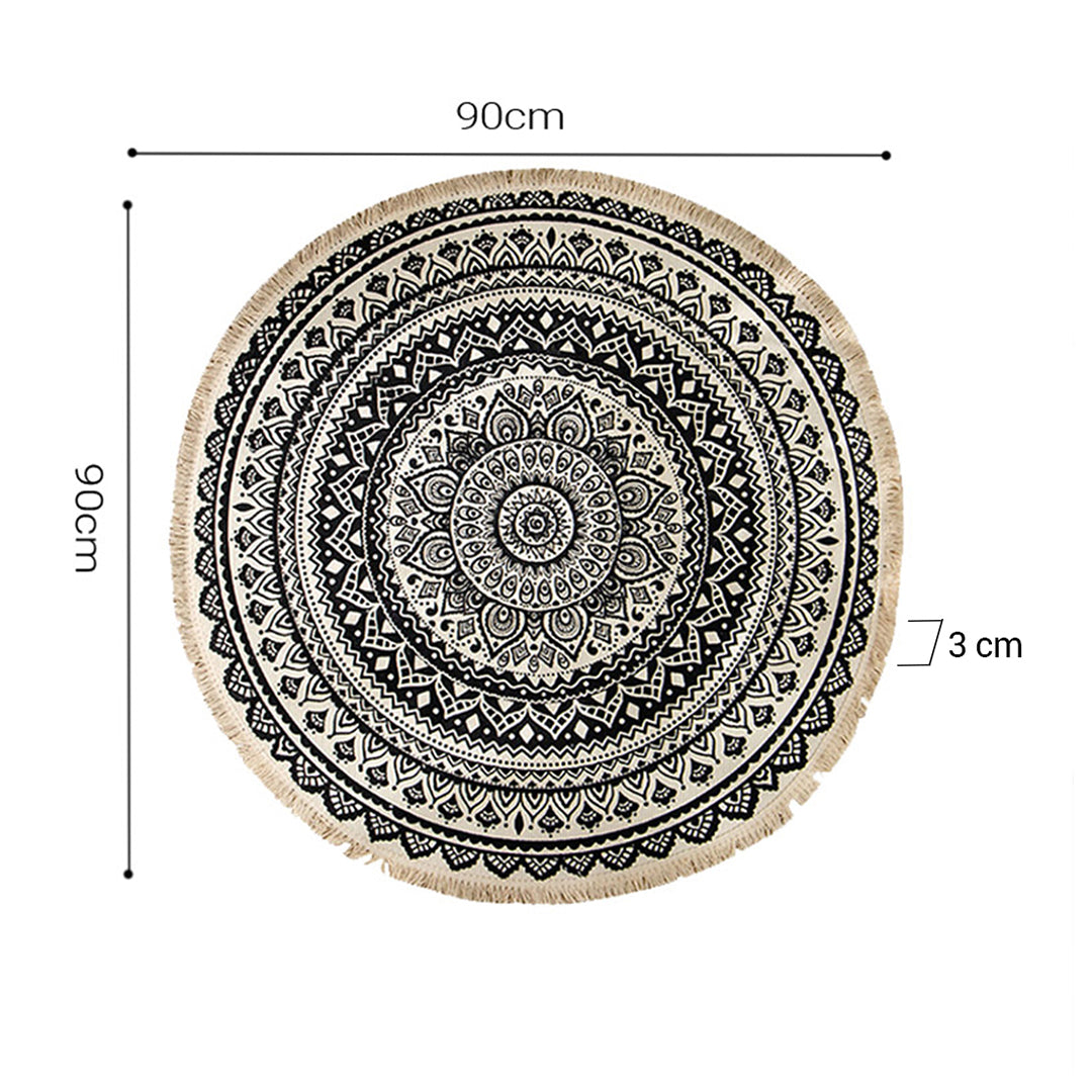 SOGA Black Carpet Soft Linen Bohemian Non Slip Floor Retro Minimalist Round Rug Home Decor with Tassels-Rugs-PEROZ Accessories