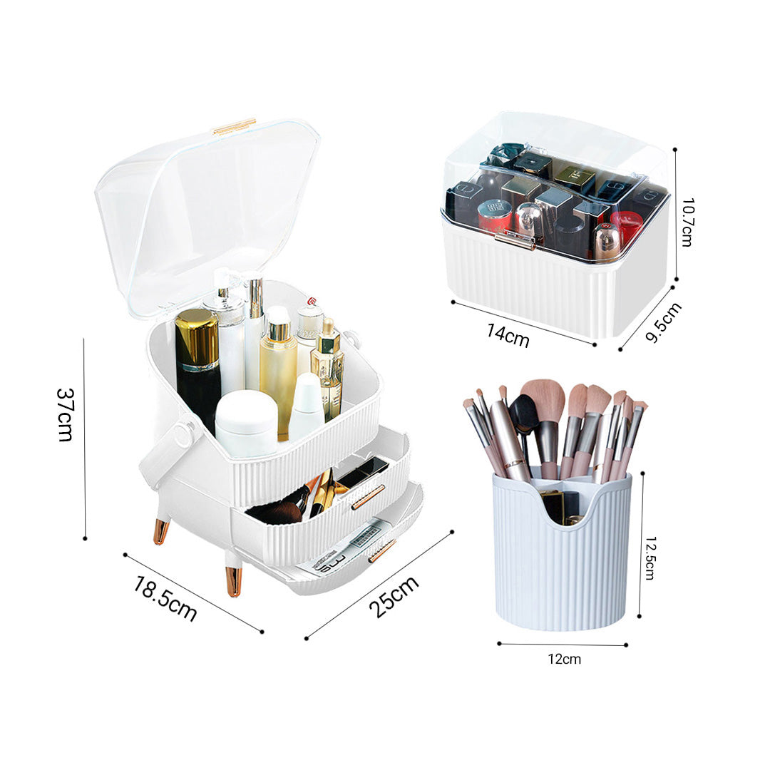 SOGA White Cosmetic Jewelry Storage Organiser Set Makeup Brush Lipstick Skincare Holder Jewelry Storage Box with Handle-Makeup Organisers-PEROZ Accessories