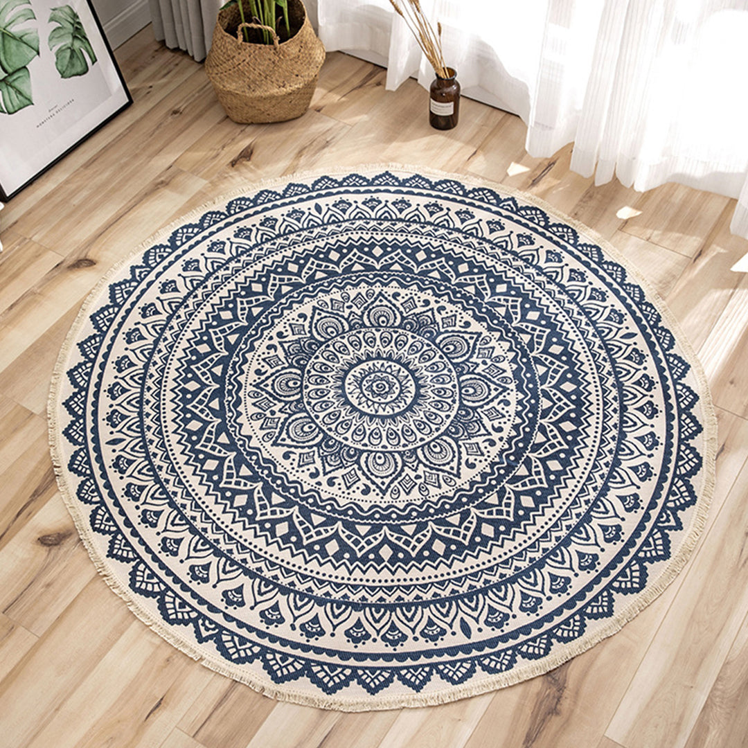 SOGA 2X Dark Blue Carpet Soft Linen Bohemian Non Slip Floor Retro Minimalist Round Rug Home Decor with Tassels-Rugs-PEROZ Accessories