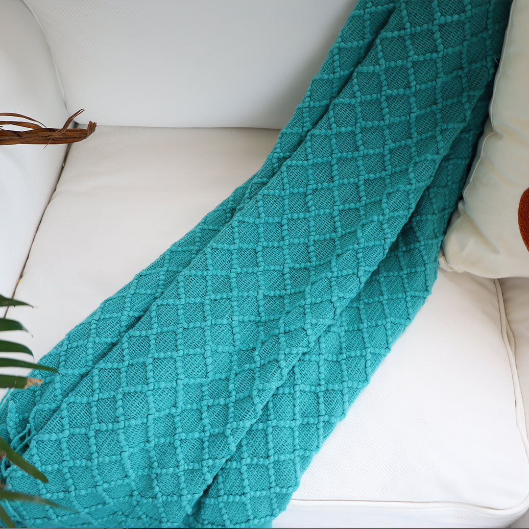 SOGA Teal Diamond Pattern Knitted Throw Blanket Warm Cozy Woven Cover Couch Bed Sofa Home Decor with Tassels-Throw Blankets-PEROZ Accessories