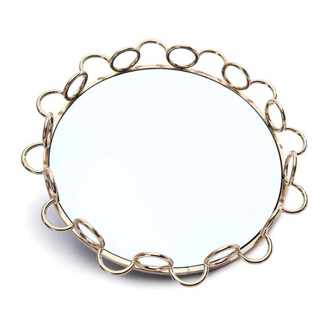 SOGA 38cm Bronze Colored Round Mirror Glass Metal Tray Vanity Makeup Perfume Jewelry Organiser with Handles-Jewellery Holders & Organisers-PEROZ Accessories