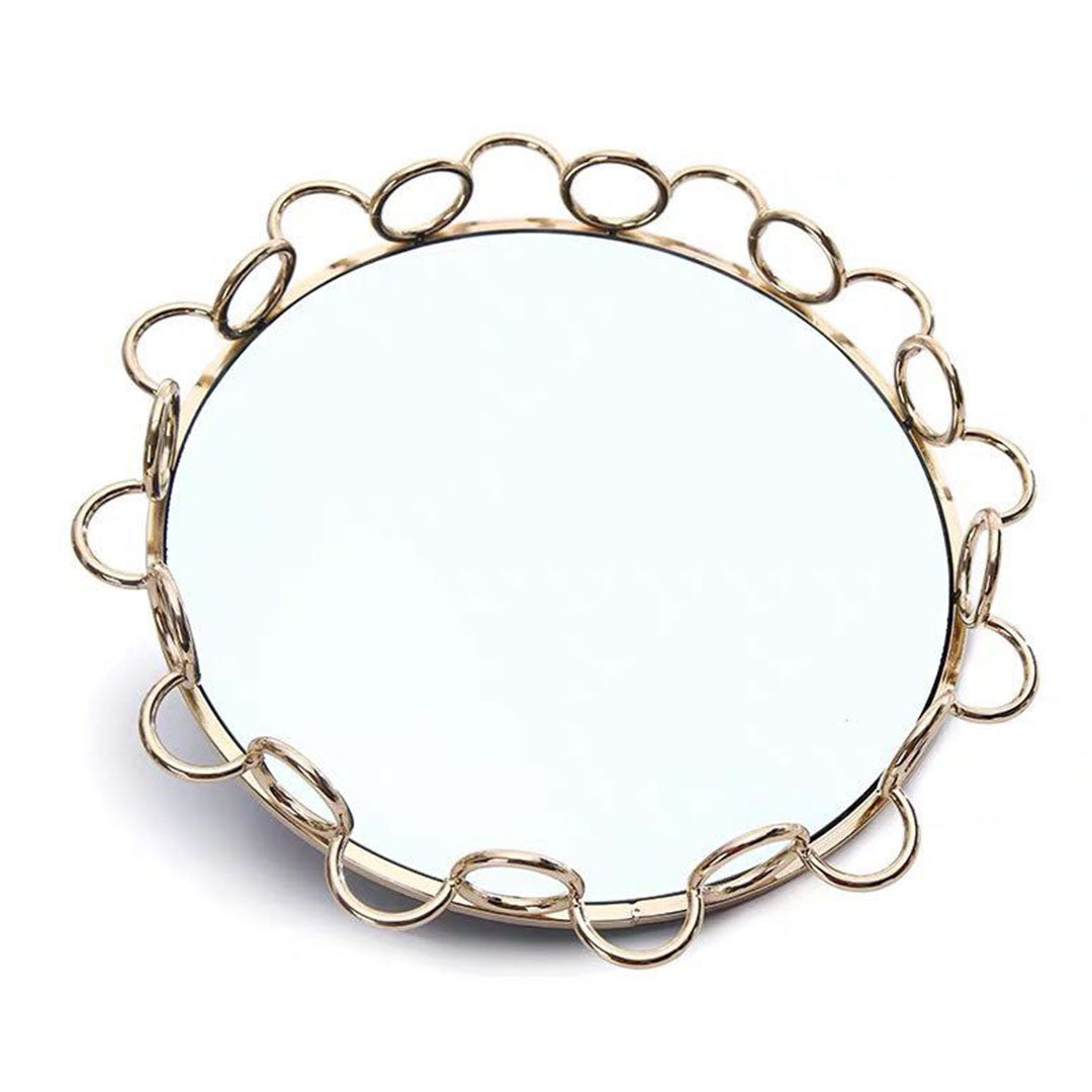SOGA 33cm Bronze Colored Round Mirror Glass Metal Tray Vanity Makeup Perfume Jewelry Organiser with Handles-Jewellery Holders & Organisers-PEROZ Accessories